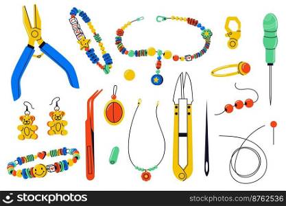 Jewelry making tools. Cartoon handmade accessories with instruments, flat bracelet necklace ring earrings hobby DIY, workshop concept. Vector set. Equipment for bijouterie crafting. Jewelry making tools. Cartoon handmade accessories with instruments, flat bracelet necklace ring earrings hobby DIY, workshop concept. Vector set