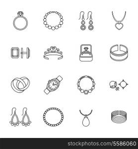 Jewelry outline icons set of bracelet ring necklace isolated vector illustration