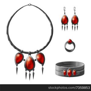 Jewelry pieces collection, necklace and luxury bracelet, silver ring, earring for women trying to stay fashionable stylish, set vector illustration. Jewelry Pieces Collection Vector Illustration
