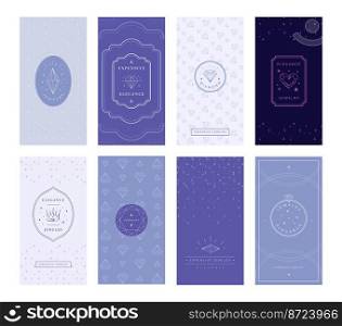 Jewelry product packaging. Shiny diamonds pattern, gems label frame and elegant box design template vector set. Luxury accessories business, expensive store package design collection. Jewelry product packaging. Shiny diamonds pattern, gems label frame and elegant box design template vector set