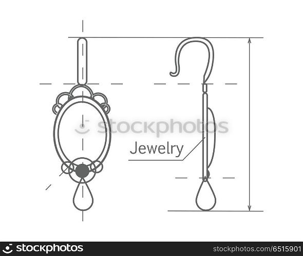 Jewelry Production Sketch of Earrings Isolated. Jewelry production sketch isolated on white. Jewelry designer works on hand drawing sketch of earrings. Draft outline of diamond earrings design. Project of brilliant ornamental earrings. Vector