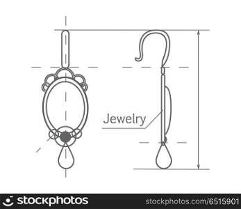 Jewelry Production Sketch of Earrings Isolated. Jewelry production sketch isolated on white. Jewelry designer works on hand drawing sketch of earrings. Draft outline of diamond earrings design. Project of brilliant ornamental earrings. Vector