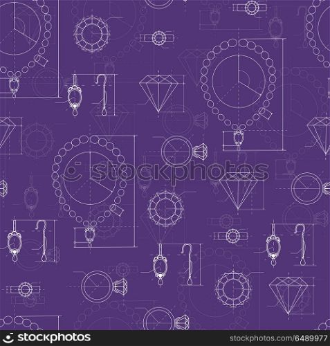 Jewelry Production Sketch Seamless Pattern.. Jewelry production sketch seamless pattern. Hand drawn sketch of ring, necklace, earrings, precious stone. Draft outline of diamond units collection. Project of brilliant elements. Vector