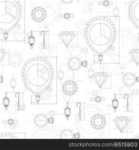 Jewelry Production Sketch Seamless Pattern.. Jewelry production sketch seamless pattern. Hand drawn sketch of ring, necklace, earrings, precious stone. Draft outline of diamond units collection. Project of brilliant elements. Vector