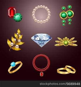 Jewelry realistic icons set of diamond gold fashion expensive accessories isolated vector illustration