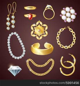 Jewelry Realistic Set. Jewelry realistic set with earrings bracelet and rings isolated vector illustration