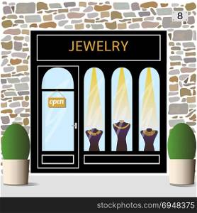 Jewelry shop building facade of stone. Jewelry shop building facade of stone. Dummies with golden necklaces in the shop window. Flower pots. Vector illustration.