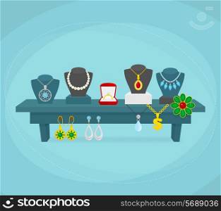 Jewelry shop display concept with silver gold wedding jewellery vector illustration