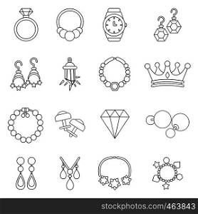 Jewelry shop icons set. Outline illustration of 16 jewelry shop vector icons for web. Jewelry shop icons set, outline style