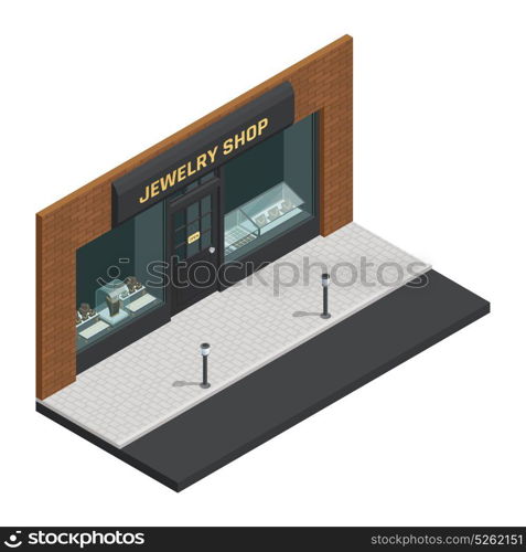 Jewelry Shop Isometric Composition. Isolated stylish colored jewelry shop isometric composition with storefront and shop sign vector illustration