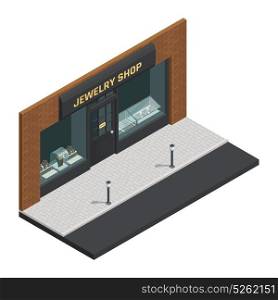 Jewelry Shop Isometric Composition. Isolated stylish colored jewelry shop isometric composition with storefront and shop sign vector illustration