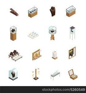 Jewelry Shop Isometric Elements. Jewelry decorative icons set with elements of shop interior counters showcases pedestal mannequin isometric isolated vector illustration