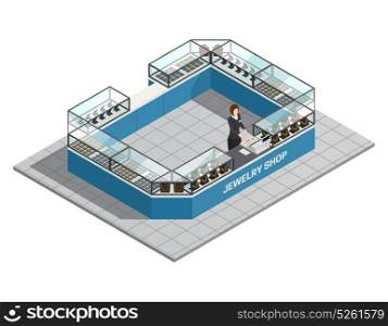 jewelry Shop Isometric Interior With Seller . Jewelry shop isometric interior with seller behind counter with precious goods for women vector illustration