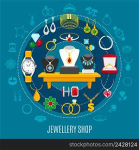 Jewelry shop round composition with female and male decorations including hand watch on blue background vector illustration. Jewelry Shop Round Composition