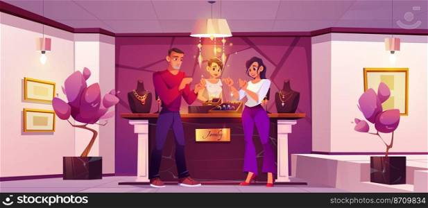 Jewelry shop with seller and customers buy gold chain and ring with diamonds. Vector cartoon illustration of people in luxury store with golden jewellery, necklaces on mannequins and marble counter. Jewelry shop with people buy gold chain and ring
