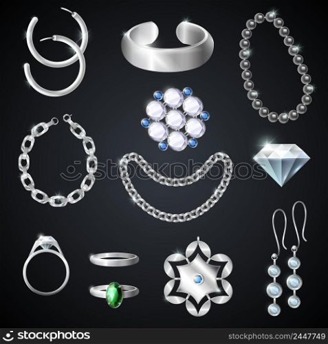 Jewelry silver realistic set on black background isolated vector illustration . Jewelry Silver Set