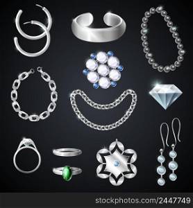 Jewelry silver realistic set on black background isolated vector illustration . Jewelry Silver Set
