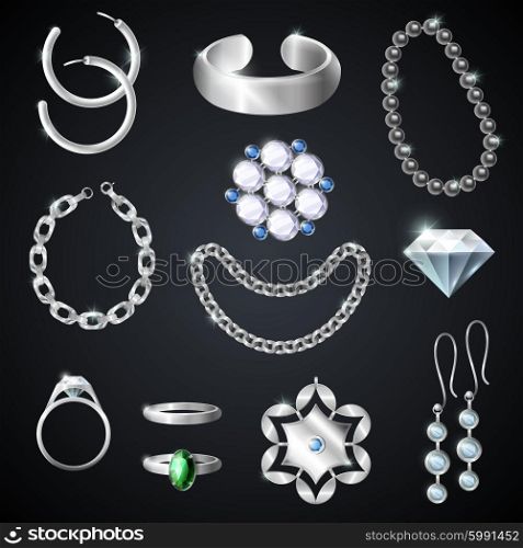 Jewelry Silver Set. Jewelry silver realistic set on black background isolated vector illustration