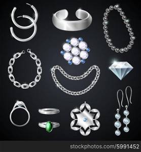 Jewelry Silver Set. Jewelry silver realistic set on black background isolated vector illustration