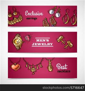 Jewelry sketch horizontal banners set with exclusive earrings best necklaces isolated vector illustration