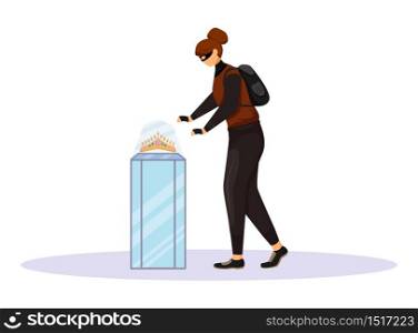 Jewelry store robbery flat color vector faceless character. Jewellery shop burglary. Female burglar stealing bijouterie. Museum theft. Woman taking golden diadem. Isolated cartoon illustration