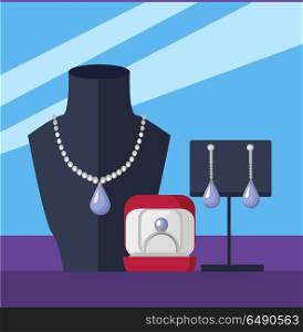 Jewelry store showcase vector concept. Flat Design. Necklace on mannequin bust, earrings on the stand, ring in box. Luxury women s accessories. Romantic gift to a loved an anniversary. Jewelry Store Vector Concept in Flat Design. Jewelry Store Vector Concept in Flat Design
