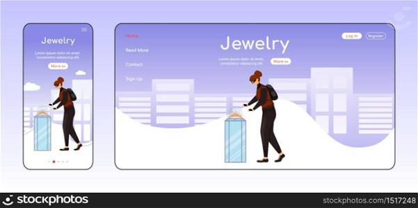 Jewelry theft adaptive landing page flat color vector template. Museum robbery mobile and PC homepage layout. Jewellery store burglary. Criminal act one page website UI. Webpage cross platform design