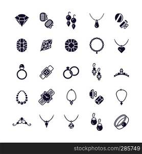 Jewelry vector silhouette icons set. Earrings with diamond, wedding rings and woman necklace pictograms isolated on white. Necklace and diamond, fashion ring and jewelry illustration. Jewelry vector silhouette icons set. Earrings with diamond, wedding rings and woman necklace pictograms isolated on white