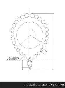 Jewerly Production Sketch of Brilliant Necklace.. Jewerly production sketch. Jewelry designer works on hand drawing sketch of necklace. Draft outline of necklace design. Project of brilliant ornamental chain or string of beads, jewels, or links. Vector