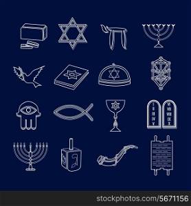 Jewish church traditional religious symbols outline icons set isolated vector illustration