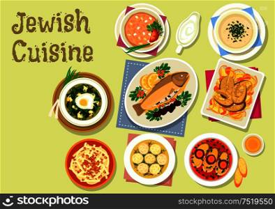 Jewish cuisine dishes icon with gefilte fish, stuffed prune trout, dumpling chicken soup, lentil chowder, vegetable fish stew, cold sorrel soup, radish salad with honey and nut, chicken liver pate. Jewish cuisine traditional dishes for dinner icon