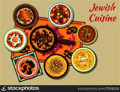Jewish cuisine kosher dinner icon with beef, potato and bean stew cholent, hummus, egg and meatballs in tomato sauce, chicken with olives, chicken noodle and lamb chickpea soups, dry fruit dessert. Jewish cuisine kosher dishes for dinner icon