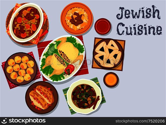 Jewish cuisine kosher dinner with dessert icon of chickpea falafel, lamb stew with dried fruits, stuffed chicken, beef bean stew, chicken breast with almond, sweet and sour beef, poppy seed cookie. Jewish cuisine kosher dinner icon for menu design