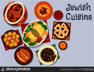 Jewish cuisine kosher dinner with dessert icon of chickpea falafel, lamb stew with dried fruits, stuffed chicken, beef bean stew, chicken breast with almond, sweet and sour beef, poppy seed cookie. Jewish cuisine kosher dinner icon for menu design