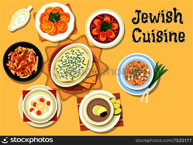 Jewish cuisine kosher dishes icon with jellied pike fish, herring forshmak, fish ball soup, egg salad with chicken giblets, fish cutlet with cheese, bread apple soup, carrot dessert with raisins. Jewish cuisine dishes icon for kosher menu design