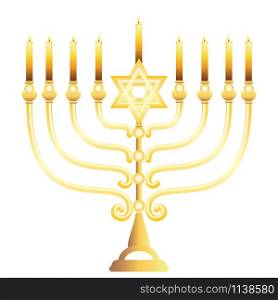 Jewish golden menorah with candles for Hanukkah, Jewish festival of lights decoration symbol.