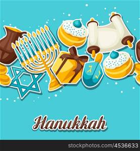Jewish Hanukkah celebration seamless pattern with holiday sticker objects. Jewish Hanukkah celebration seamless pattern with holiday sticker objects.