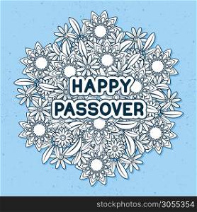 Jewish holiday greeting card template. Spring flowers bouquet. Greeting text Happy Passover. Linear style vector illustration. Blue background. Happy Passover. Greeting card
