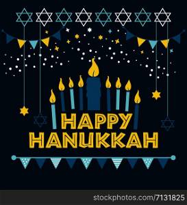 Jewish holiday Hanukkah greeting card traditional Chanukah symbols.. Jewish holiday Hanukkah greeting card traditional Chanukah symbols - menorah candles, star David illustration on blue.