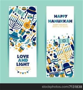 Jewish holiday Hanukkah greeting card traditional Chanukah symbols.. Jewish holiday Hanukkah banner set and invitation traditional Chanukah symbols.