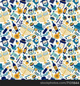 Jewish holiday Hanukkah greeting card traditional Chanukah symbols.. Jewish holiday Hanukkah seamless pattern with Chanukah symbols -dreidels spinning top, donuts, menorah candles, oil jar, star David illustration.