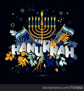 Jewish holiday Hanukkah greeting card traditional Chanukah symbols.. Jewish holiday Hanukkah greeting card and invitation traditional Chanukah symbols -menorah candles, star David illustration.