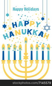 Jewish holiday Hanukkah greeting card traditional Chanukah symbols.. Jewish holiday Hanukkah greeting card traditional Chanukah symbols - menorah candles, star David illustration on blue.