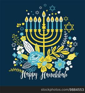 Jewish holiday Hanukkah greeting card traditional Chanukah symbols.. Jewish holiday Hanukkah greeting card traditional Chanukah symbols - menorah candles, star David, flowers illustration on blue. Lettering headline.