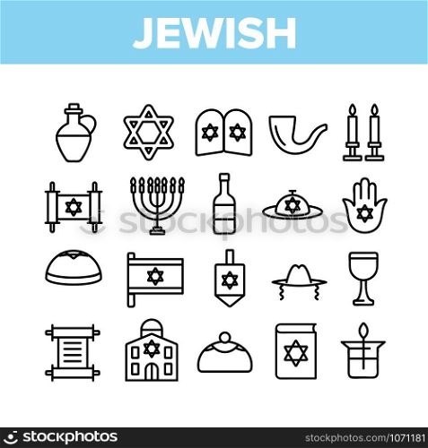 Jewish Israel Religion Collection Icons Set Vector Thin Line. Synagogue And Torah, Candle And Flag, Book And Dreidel, Jewish Religious Concept Linear Pictograms. Monochrome Contour Illustrations. Jewish Israel Religion Collection Icons Set Vector