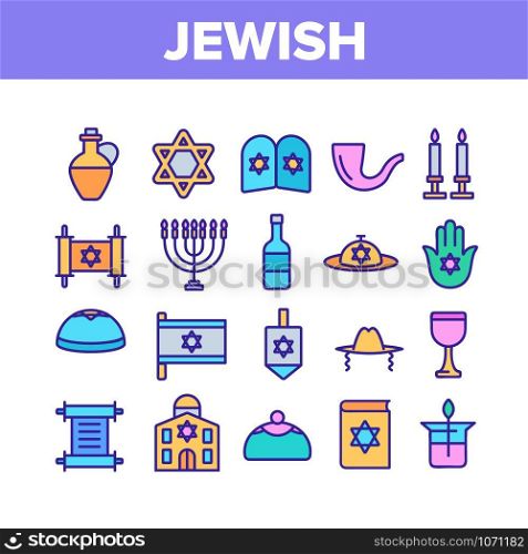 Jewish Israel Religion Collection Icons Set Vector Thin Line. Synagogue And Torah, Candle And Flag, Book And Dreidel, Jewish Religious Concept Linear Pictograms. Color Illustrations. Jewish Israel Religion Collection Icons Set Vector