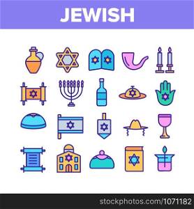 Jewish Israel Religion Collection Icons Set Vector Thin Line. Synagogue And Torah, Candle And Flag, Book And Dreidel, Jewish Religious Concept Linear Pictograms. Color Illustrations. Jewish Israel Religion Collection Icons Set Vector