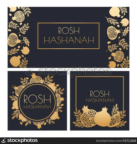 Jewish New Year. Happy Shana Tova, Rosh Hashanah holiday symbols and pomegranate greeting posters vector template. Golden fruit and plant leaves on dark invitation cards set, floral wreath. Jewish New Year. Happy Shana Tova, Rosh Hashanah holiday symbols and pomegranate greeting posters vector template