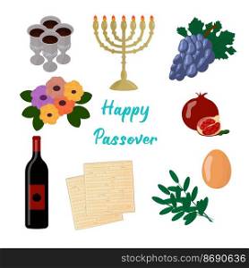 Jewish passover set of decorative elements with matzah and spring flowers.. Jewish passover set of decorative elements with matzah and spring flowers