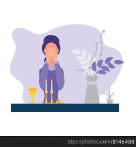Jewish religion woman in headdress cover eyes to recite blessing upon lighting the sabbath candles. Vector illustration in flat style. Isolated on white background. Jewish woman lighting candles